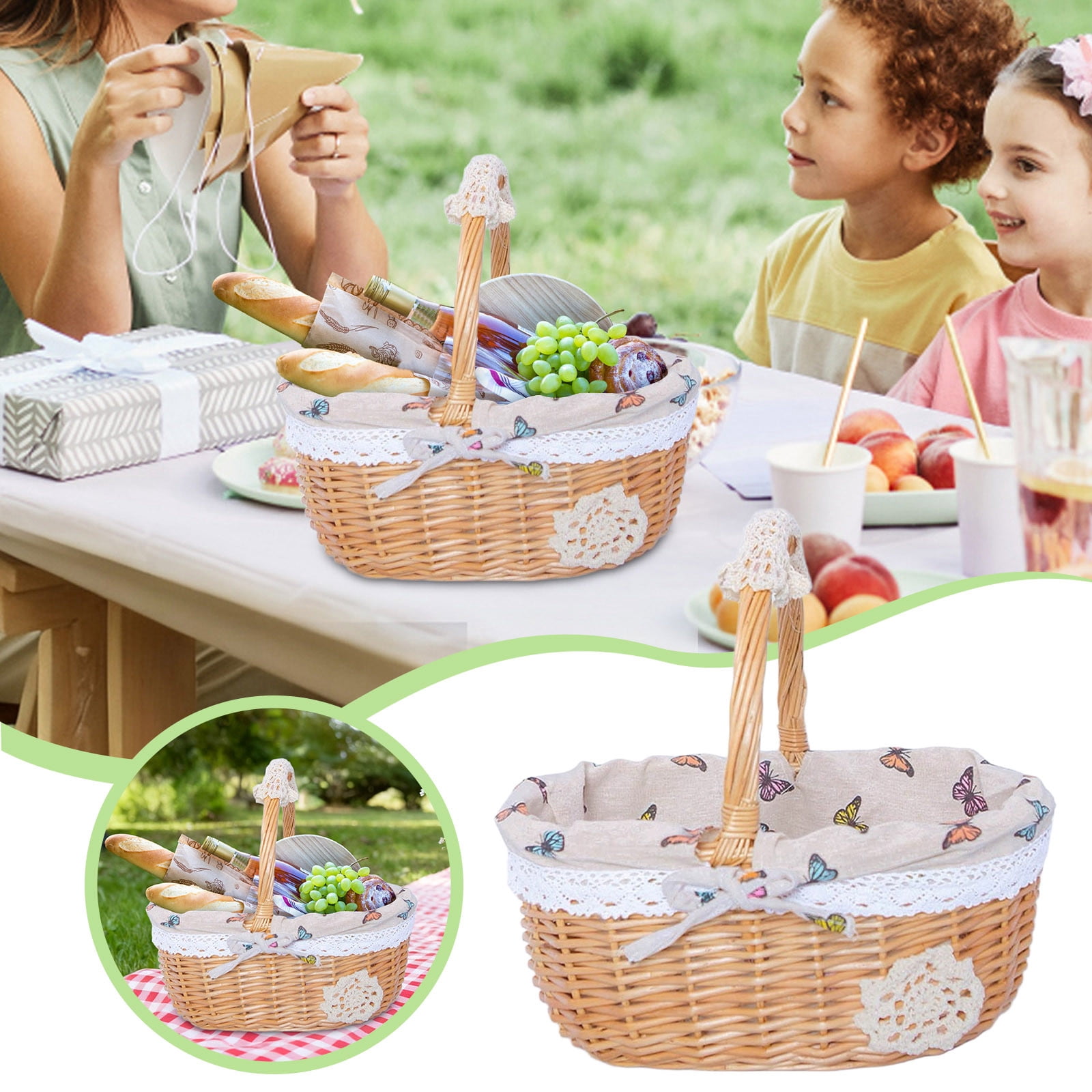 Wicker Picnic Basket with Removable Floral Liner, Suitable for Weddings, Holidays, Gardening, Valentine's Day, Easter, Parties, Celebrations, Oval Picnic Camping Outdoor Basket, 9.8 x 7.8 x 10.2 in