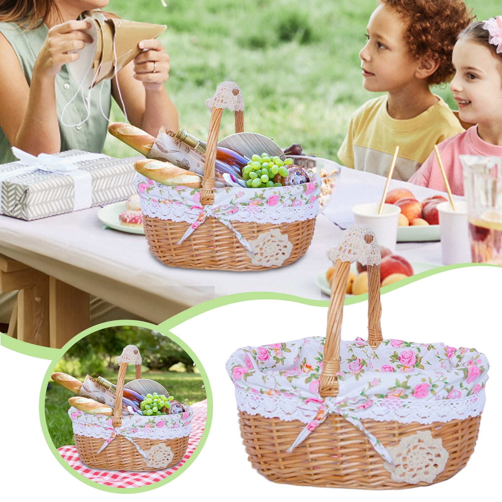 Wicker Picnic Basket with Removable Floral Liner, Suitable for Weddings, Holidays, Gardening, Valentine's Day, Easter, Parties, Celebrations, Oval Picnic Camping Outdoor Basket, 9.8 x 7.8 x 10.2 in
