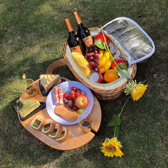 Wicker Picnic Basket Set for 2 with Mini Folding Wine Picnic Table & Large Insulated Cooler Bag & Cutlery Service Kits for 2 Person, Couples Gifts, Wedding Gifts (Y2209-2-CM)