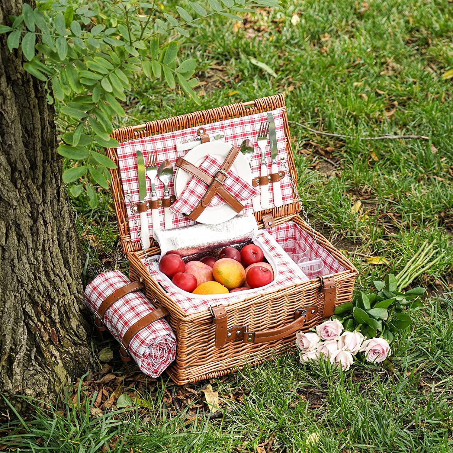 Wicker Picnic Basket Set for 2 Persons with Waterproof Picnic Blanket ...