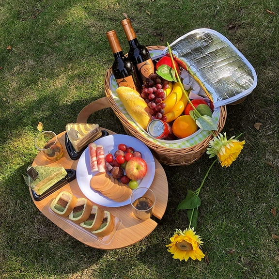 Wicker Picnic Basket Set for 4 with Mini Folding Wine Picnic Table & Large Insulated Cooler Bag & Cutlery Service Kits for 4 Person, Couples Gifts, Wedding Gifts (Y2209-4-GR)