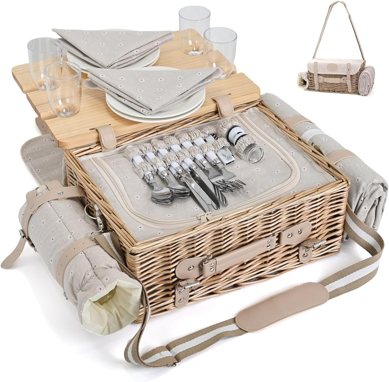 Wicker Picnic Basket Set for 4 with Blanket and Picnic Table, Insulated ...