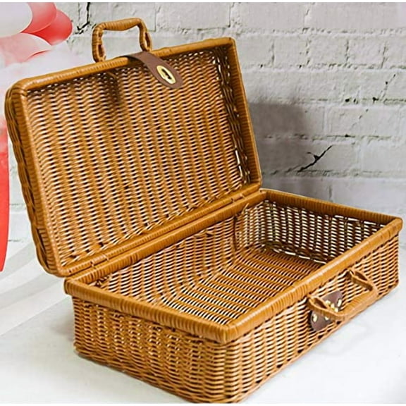 Wicker Picnic Basket, Straw Storage Box with Handles, Gingham Pattern Willow Lunch Box, Leather Strap Metal Lock Retro Suitcase Prop Box