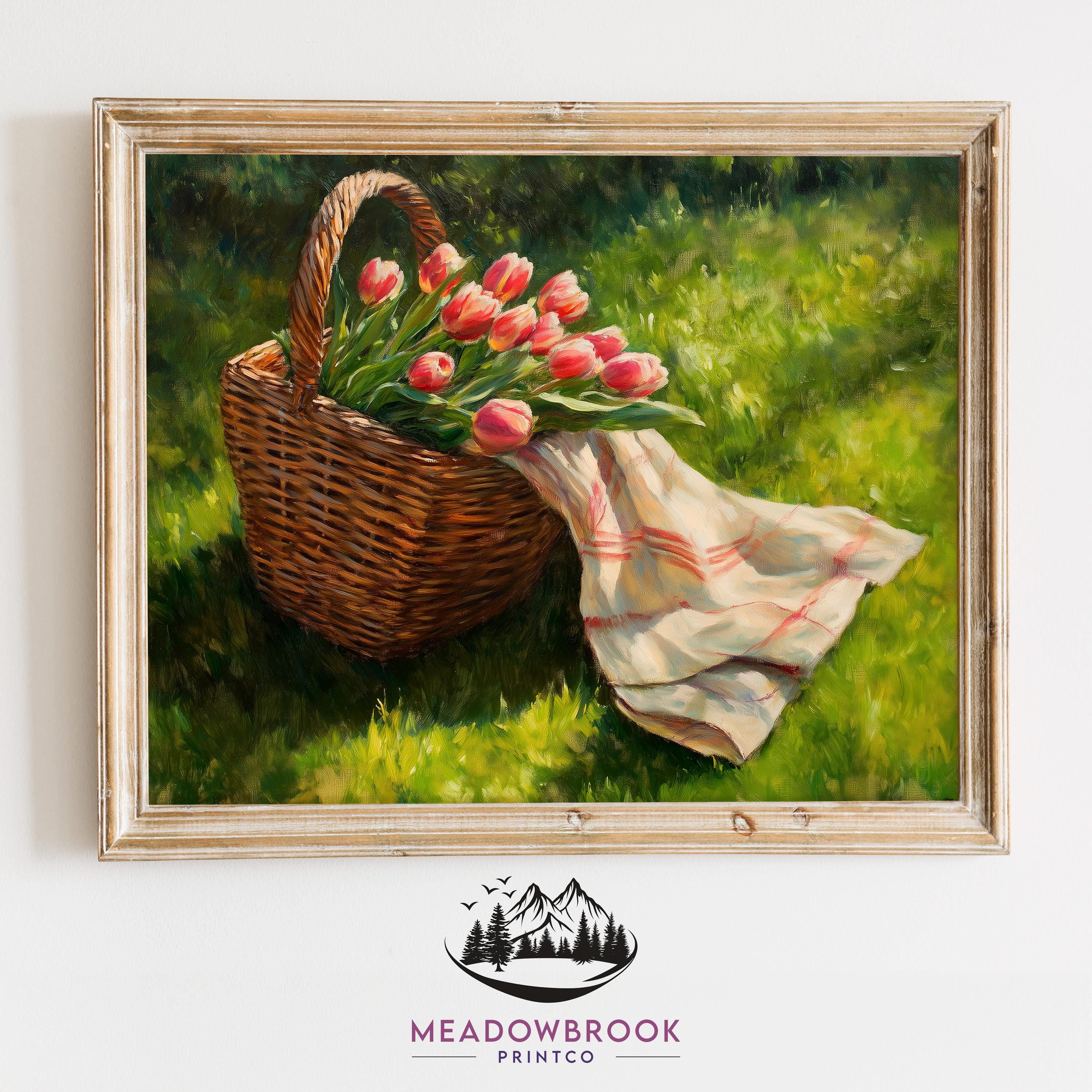 Wicker Picnic Basket With Tulips, Spring Cottagecore Printable, Vintage ...