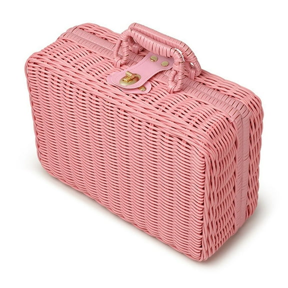 Wicker Picnic Basket, Vintage Small Rattan Suitcase Basket with Handle, Rustic Storage Hamper Prop Case with Leather Strap Lock, Plastic Storage Box Makeup Organizer for Sundries Camping Travel