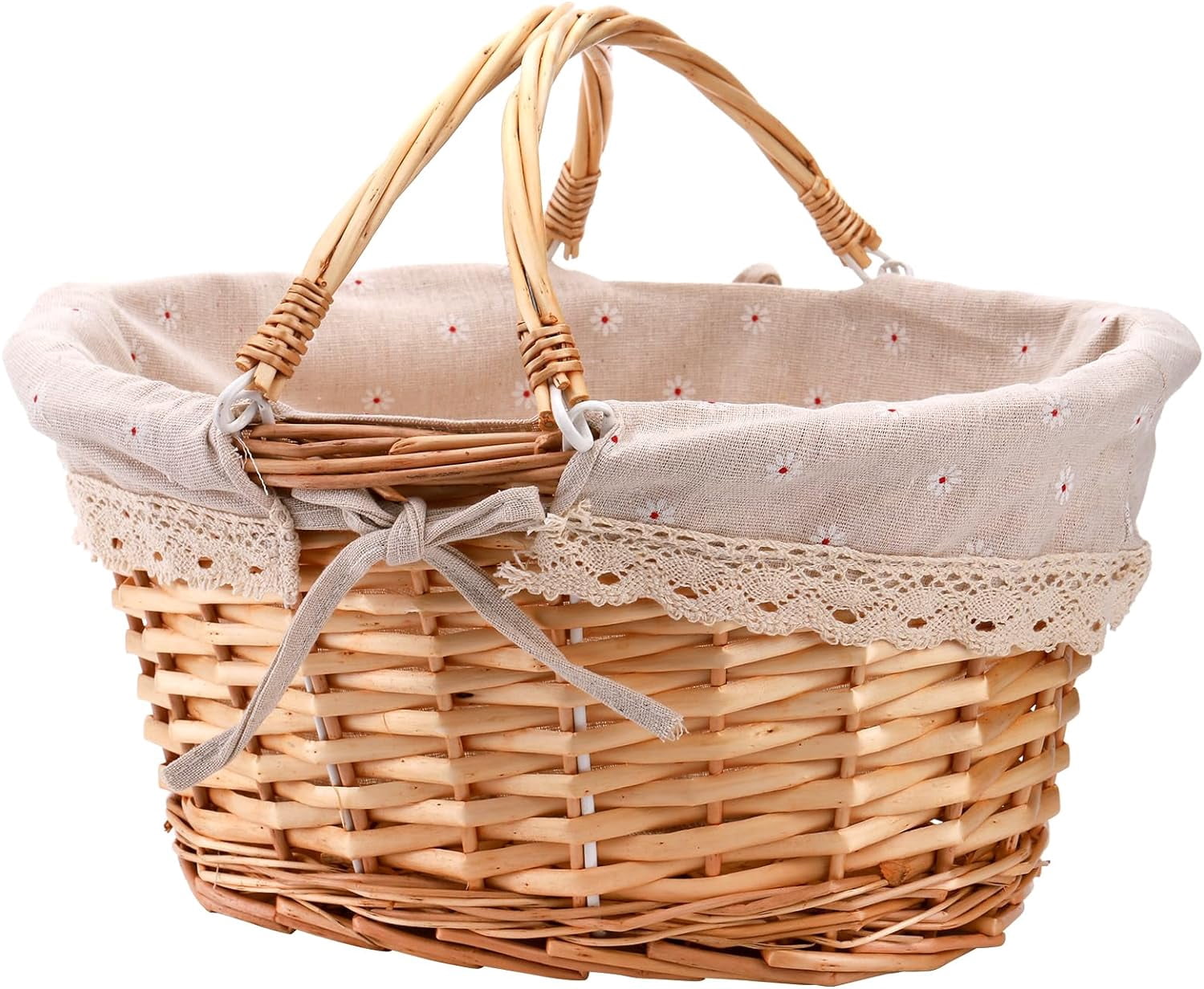Wicker Picnic Basket, Woven Empty Easter Basket for Gifts, Picnic Hamper with Double Folding Handles, Willow Garden Harvest Basket with Linen for Candy, Egg Gathering, Toys, Wedding