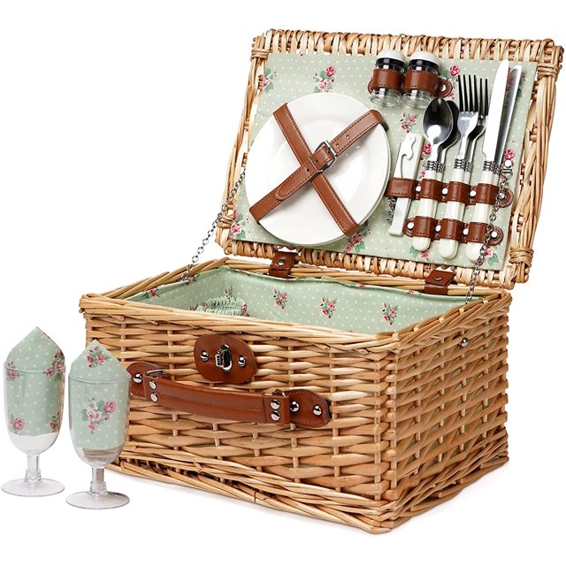 Wicker Picnic Basket for 2, Handmade Willow Hamper Basket Sets 2 Person Picnic Basket with