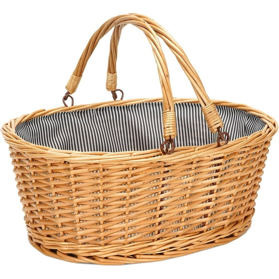 Wicker Picnic Basket with Double Folding Handles, Natural Large Willow Hamper Empty Basket Candy Storage for Toy, Flower, Wedding
