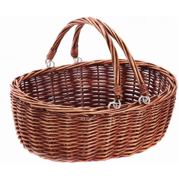 Wicker Picnic Basket with Folding Handles Wicker Hand Woven Baskets for Storage, Garden Harvest, Easter, Empty Gift Basket, Brown