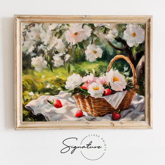Wicker Picnic Basket with Fresh Strawberries, Spring, Cottagecore Farmhouse Wall Art, Vintage Country, Rustic Decor 3812 Unframed Paper Print