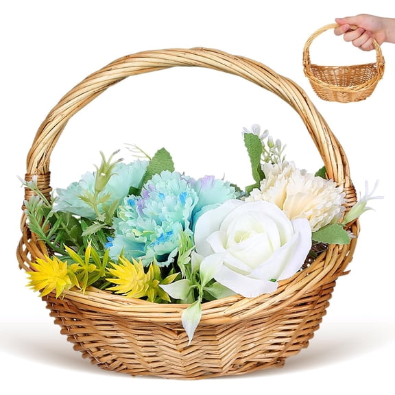 Wicker Picnic Basket with Handle, Empty Organiser to Fill Picnic Hamper Wedding Flower Girl Baskets for Garden, 8.66x7.07x7.87inches