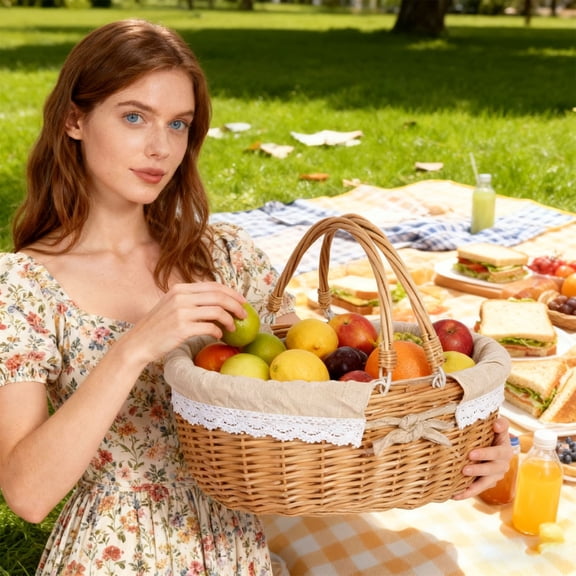 Wicker Picnic Basket with Handles and Removable Fabric Liner for Outdoor Travel Camping Storage and Home Organization