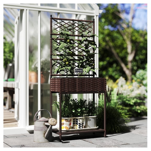 Wicker Plant Stand with Trellis, Outdoor Garden Planter Box, Rattan Raised Flower Bed with Storage Shelf, Brown - 25L Capacity