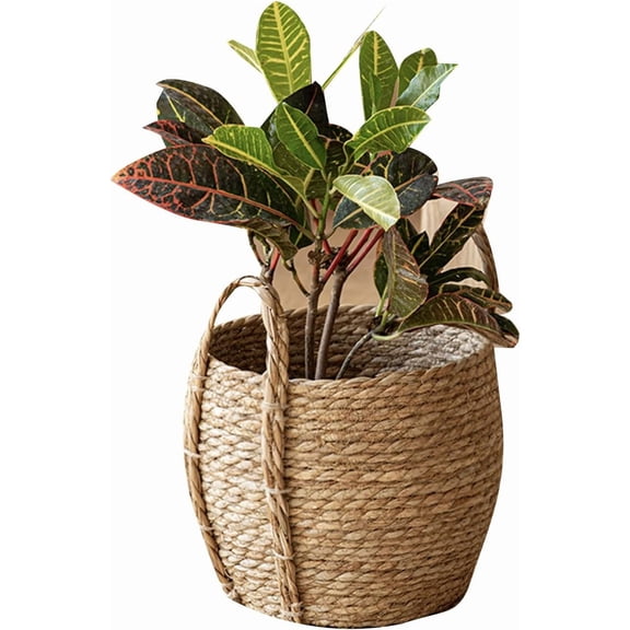 Wicker Planter Basket, Rattan Grass Woven Flower Basket, Decorative Round Wicker Woven Rope Storage Blanket Basket with Woven Handles,Planter Pot for Living Room