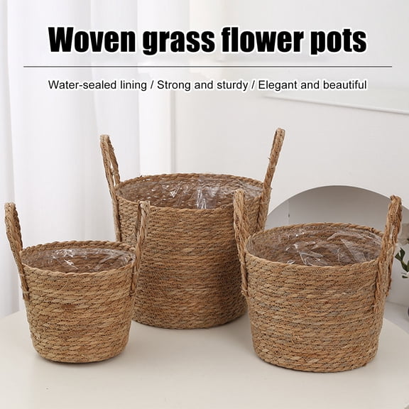 Wicker Planter Basket with Handles Indoor Outdoor Plants Rattan Woven Planter Pot Home Living Room Balcony Garden Round Decorative Flower Pot