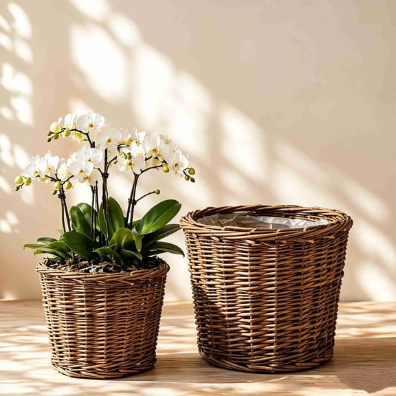 Wicker Planter Basket with Waterproof Plastic Liner, Hand Woven Rattan Plant Pot Cover for Indoor Outdoor Flower Succulent Decor, Small