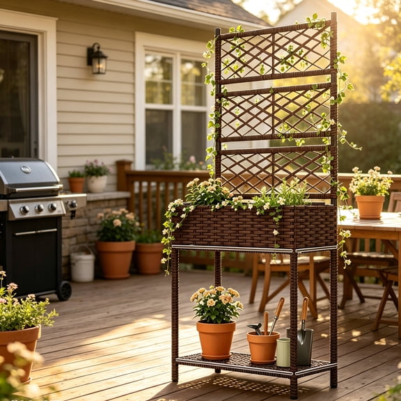 Wicker Planter with Trellis for Climbing Plants Freestanding Rattan Garden Box with Storage Shelf, Brown