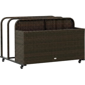 Outdoor Wicker Pool Float Storage Organizer, PE Rattan Pool Caddy with Rolling Wheels for Towels, Noodles & Swim Rings, 3 Sections Yard Furniture Bin, Mixed Brown