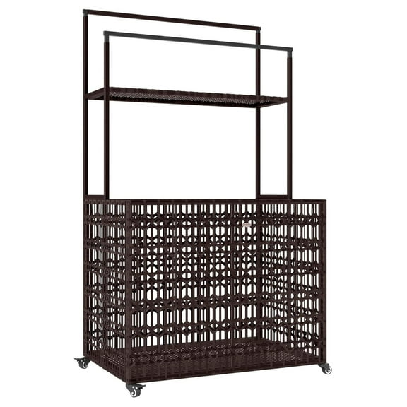 Wicker Pool Float Storage Organizer, PE Rattan Pool Float Holder with Basket Shelf Towel Bars, Rolling Pool Caddy for Floaties, Noodles, Life Vests, Beach , Mixed-Brown