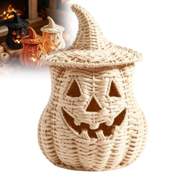 Wicker Pumpkin Lamp Halloween Decorations, Rattan Lantern Pumpkin Candle Holder with Witch Hat Shape Lid White