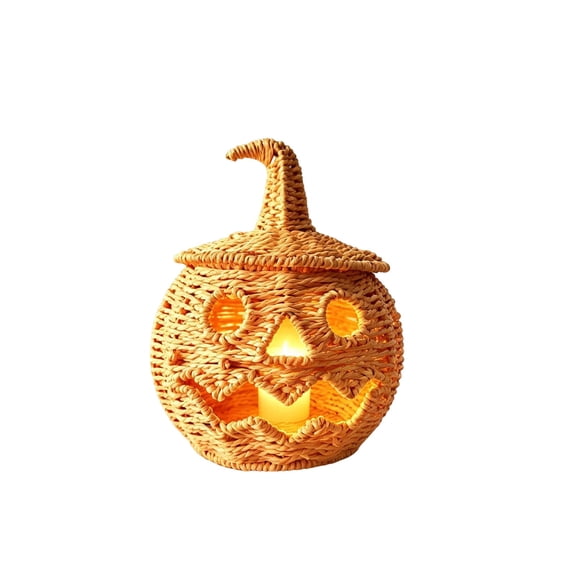 Wicker Pumpkin Lamp Halloween Decorations, Rattan Lantern Pumpkin Candle Holder with Witch Hat Shape Lid