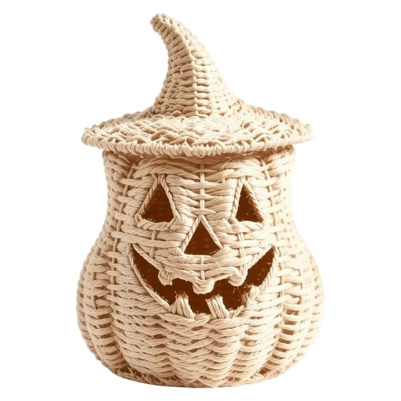 Wicker Pumpkin Lamp, Woven Pumpkin Candle Holder with Lid, Halloween Pumpkin Decorations, Woven Pumpkin Ornament, Harvest Rustic Seasonal Accent for Indoor Countertop Arrangement, White
