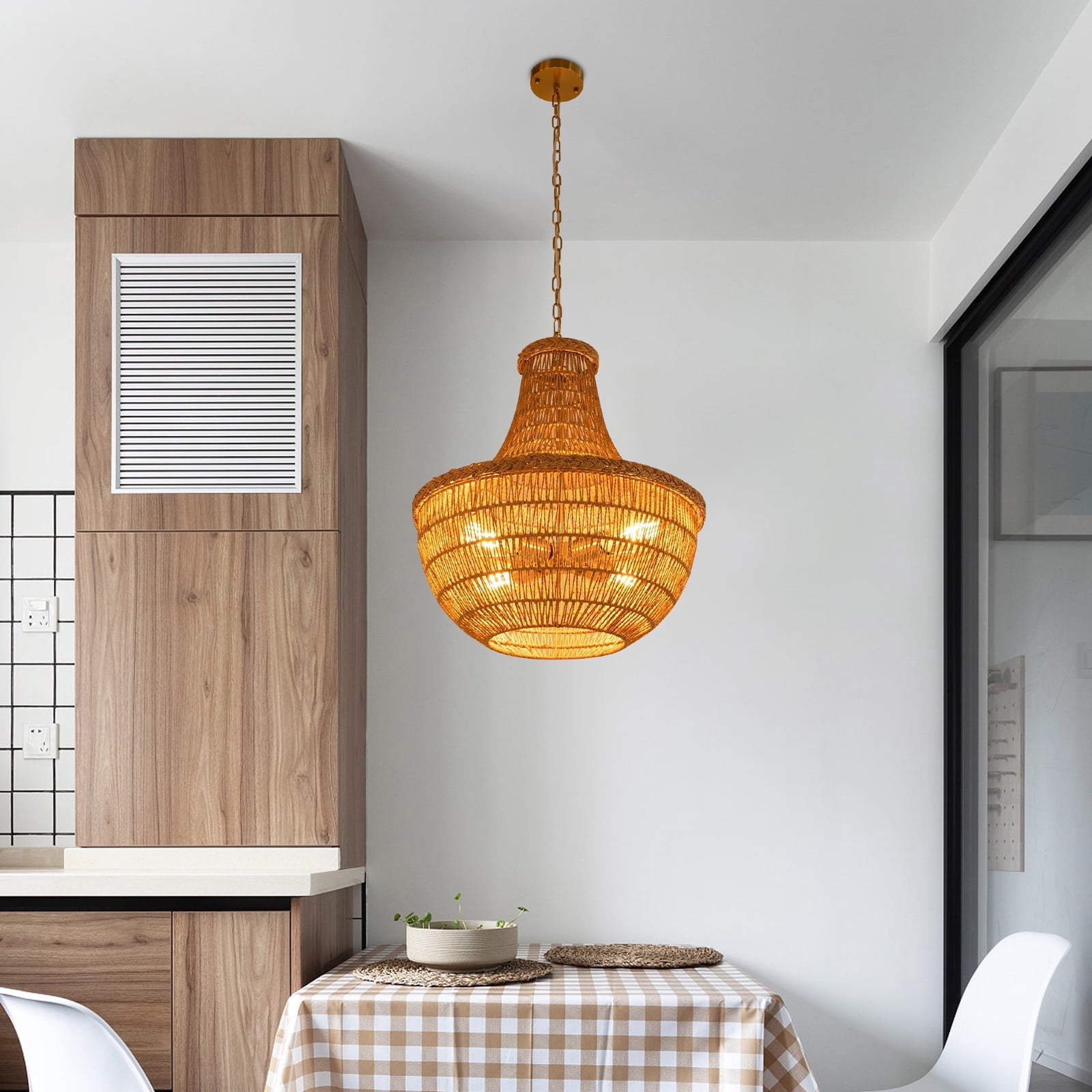 Wicker Rattan Chandelier Hand-Woven Pendant Light Farmhouse Rustic ...