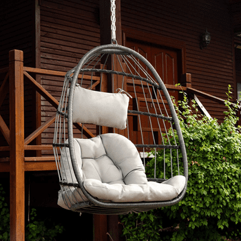 Wicker Rattan Egg Swing Chair with Hanging Chain, Aluminum Frame and UV Resistant Cushion, Indoor Outdoor Bedroom Patio Porch Foldable Camping Hammock Chair Swing Chair 350LBS Capacity