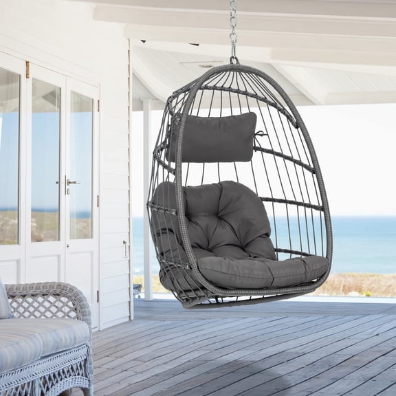 Brafab Hanging Egg Chair Without Stand, Wicker Swing Egg Chair with Fluffy Cushion, 350 lbs Capacity, Indoor Outdoor Ceiling or Tree Hanging Chair for Patio, Bedroom, Porch, Gray