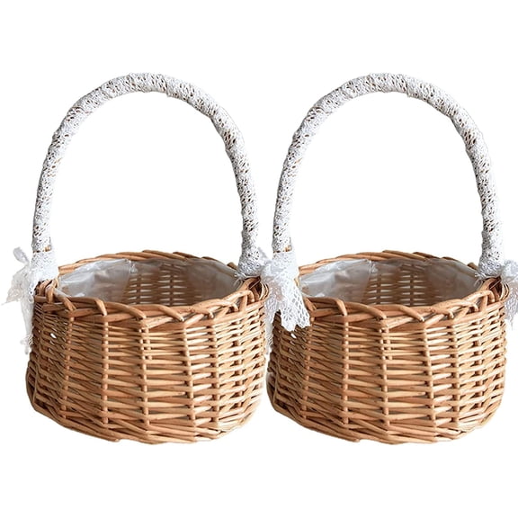 Wicker Rattan Flower Basket, Set of 2 Wedding Flower Girl Baskets, Willow Handwoven Basket with Handles and Plastic Insert, Woven Eggs Candy Basket for Home Garden Decor