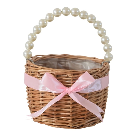 Wicker Rattan Flower Basket, Small Basket with Pearl Handle, Wedding Decor Basket, Home Decorative Basket, Rustic Storage Basket for Wedding & Home Decor, Flower Arrangements, Gift Giving
