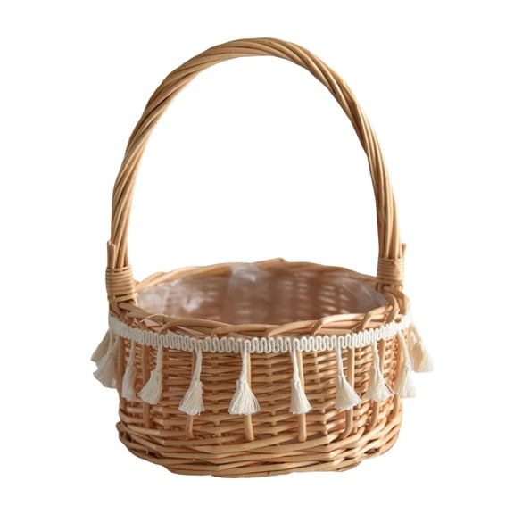 Wicker Rattan Flower Basket with Tassel, Macrame Flower Girl Basket for Wedding, Rustic Woven Easter Egg Basket with Handle, Boho Picnic Storage for Home Garden Decoration