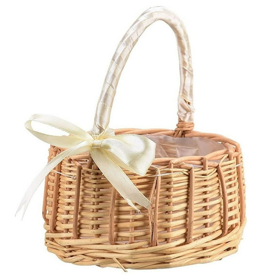 Wicker Rattan Flower Basket, Wedding Flower Girl Baskets, Willow Handwoven Basket with Handles and Bow, Woven Eggs Candy Basket for Home Garden Decor, White, S