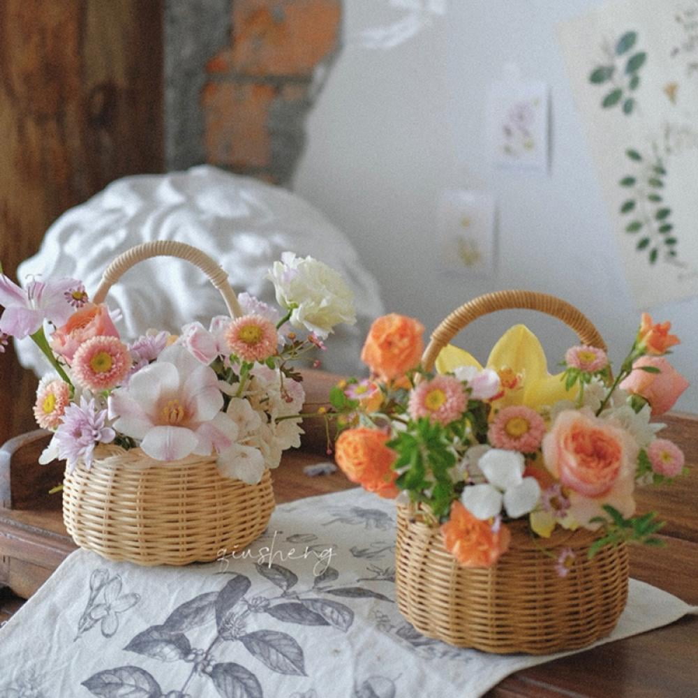 Wicker Rattan Flower Basket, Willow Handwoven Basket with Wicker Rattan Flower Basket, Willow Handwoven Basket with