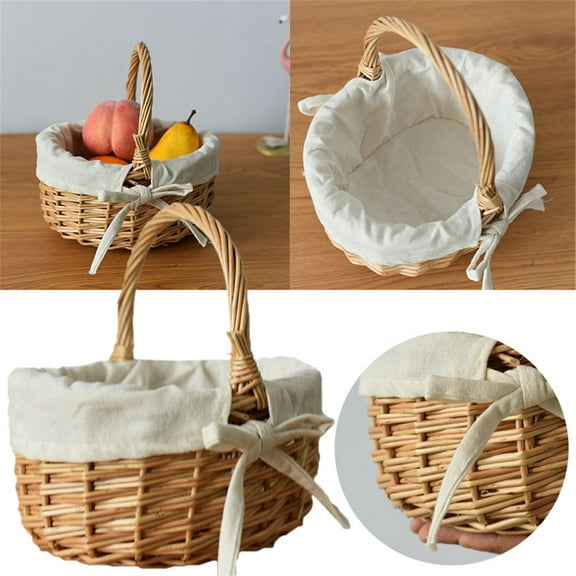 Wicker Rattan Flower Basket With Handle & Fabric Insert Willow Handwoven Container For Home Garden Candy Eggs(Khaki-20Cm)