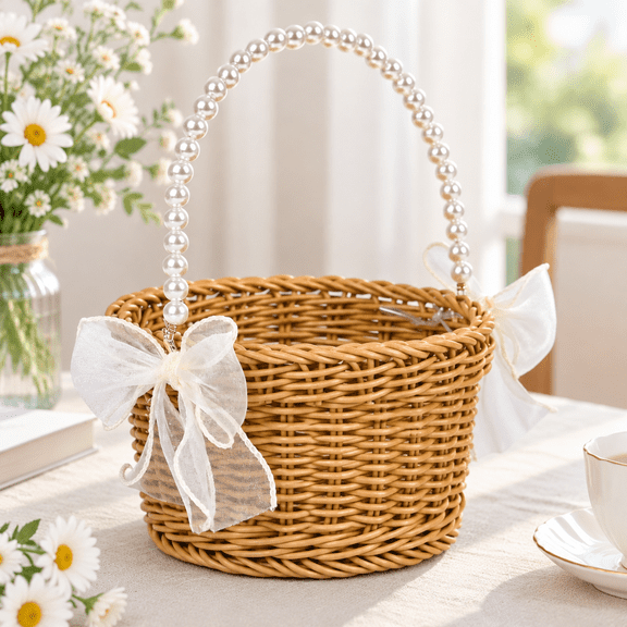 Wicker Rattan Flower Basket with Pearl Handle and Bow for Rustic Weddings, Easter, or Garden Storage