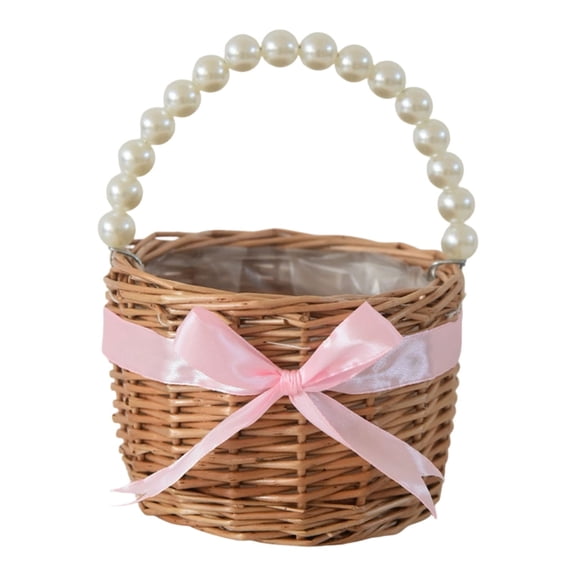 Wicker Rattan Flower Basket with Pearl Handle for Wedding Girl Petal Toss Home Decoration Handmade Natural Rustic Chic (Brown3)