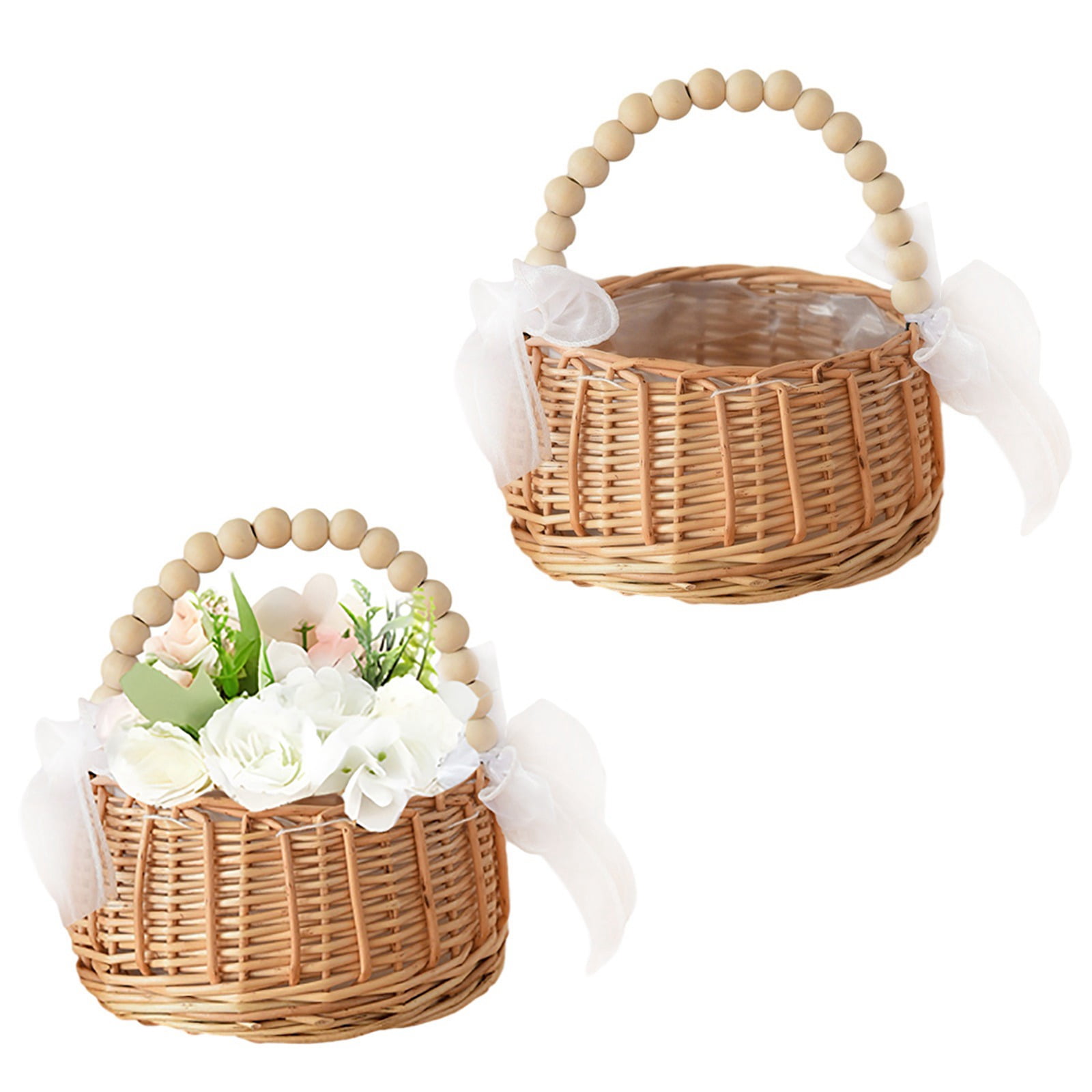Wicker Rattan Flower Girl Basket Wedding Flower Girl Basket with Pearl Handle and Bow Fairy Flower Basket Handwoven Easter Basket Wicker Basket for Wedding Flower Girl
