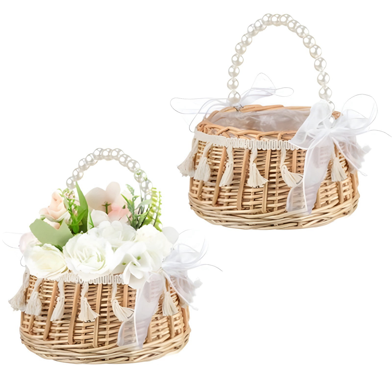 Wicker Rattan Flower Girl Basket Wedding Flower Girl Basket with Pearl Handle and Bow Fairy Flower Basket Handwoven Easter Basket Wicker Basket for Wedding Flower Girl