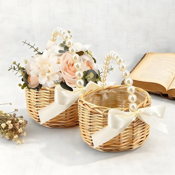 Wicker Rattan Flower Girl Basket with Bows,Pearl Handle Flower Basket,Wedding Flower Girl Basket and Home Decorations