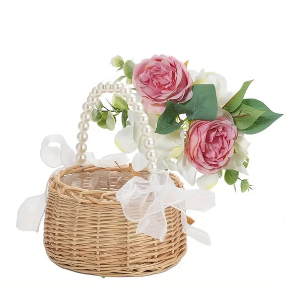 Wicker Rattan Flower Girl Basket with Bows,Pearl Handle Flower Girl Basket,Wedding Flower Girl Basket Handwoven Wicker Rattan Picnic Basket