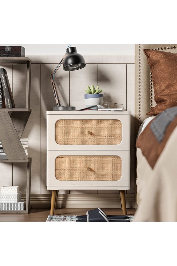 Wicker Rattan Nightstand, 2-Drawer End Table Cream White Finish Side Table for Small Spaces, Modern Farmhouse Wooden Bedside Table, Boho Mid-Century Coastal Storage Cabinet