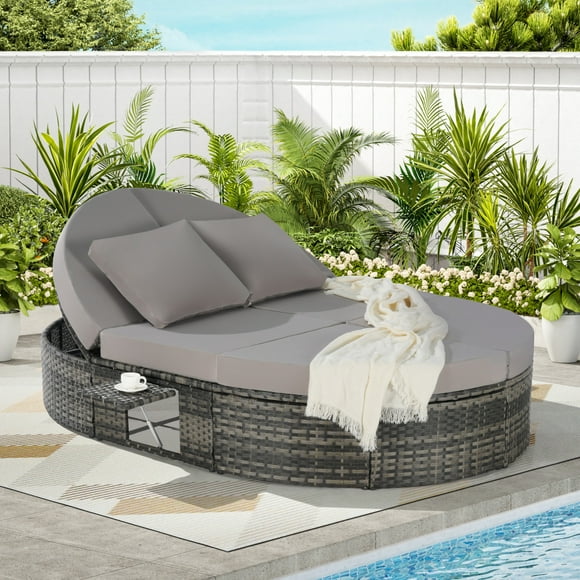 Wicker Rattan Outdoor Round Daybed with Adjustable Backrests & Foldable Cup Holders,  Poolside Reclining Sun Lounger with Weather-Resistant Cushions & Pillows , Backyard Patio Furniture