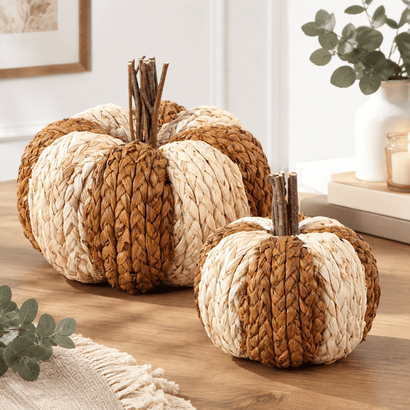 Wicker Rattan Pumpkneutral Fall Decor For Table Centerpiece