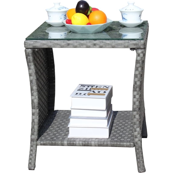 Wicker Rattan Side Table, Outdoor Square Rattan Coffee End Table with Tempered Glass Top and Storage for Patio Porch Lawn (B-Gray)