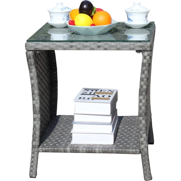 Wicker Rattan Side Table, Outdoor Square Rattan Coffee End Table with Tempered Glass Top and Storage for Patio Porch Lawn (B-Gray)