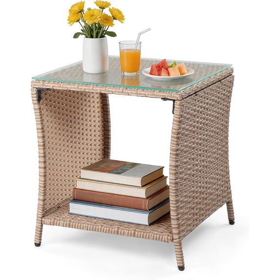 Wicker Rattan Side Table, Outdoor Square Rattan Coffee End Table with Tempered Glass Top and Storage for Patio Porch Lawn (Yellow Gradient)