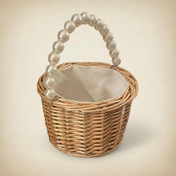 Wicker Rattan Wedding Flower Basket with White Lining Woven Rattan Storage Basket with Pearl Handles Wicker Basket for Home Garden Decor