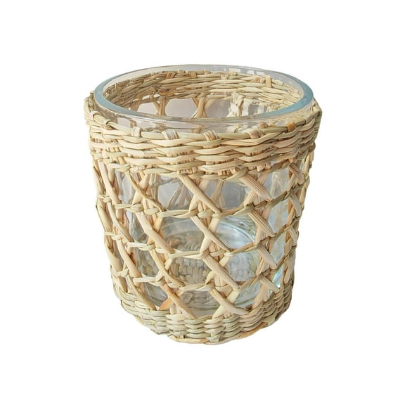 Wicker Rattan Woven Tea Light Pillar Candle Holder - Straw Seagrass Glass Votive Candle Holders Candlesticks, Boho Woven Hurricane Candle Holder for Dining Table Kitchen Wedding Party Anniversary