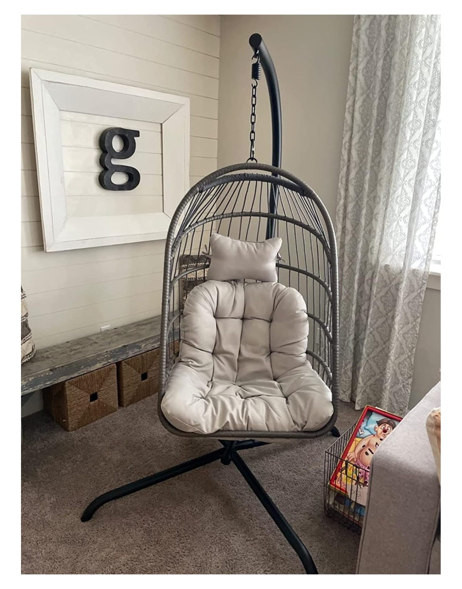 Wicker Ratten Swing Egg Chair with Stand Patio Hanging Basket Chair